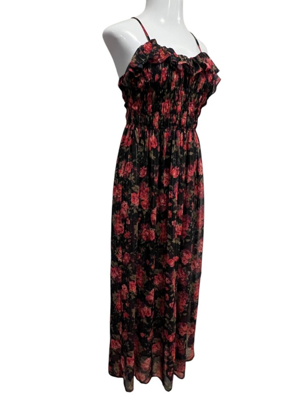 As U Wish Sleeveless Ruffled Chiffon Maxi Dress, NWT, Black Floral, M